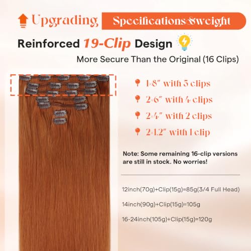 Image of Sunny Hair Clip in Hair Extensions Real Human Hair Copper Orange 16 Inch | Real Hair Extensions Clip Ins, Natural Volume, Comfortable All-Day Wear with Straight Remy Hair , Easy to Style 120g