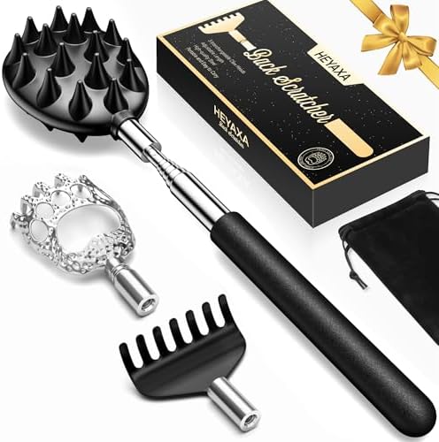 Telescoping Back Scratcher with 3 Detachable Heads, Gifts for Christmas, Stocking Stuffers for Men, Women, Him, Her, Dad, Funny White Elephant Gifts for Adults, Gift Box Included