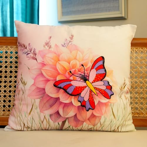 Image of picknMAKE Butterfly Bliss DIY Craft Cushion /Pillow Cover with Beginners for Set Kit Embroidery Hand Cover Cushion DIY 2 of Pack |16 inchX16|Digitally Printed Embroidery Patterns|All Materials Included