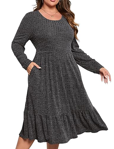 Image of ShopWonder Womens Plus Size Ribbed Knit Sweater Dress Long Sleeve Stretchy Comfy Casual Fall Dress with Pockets