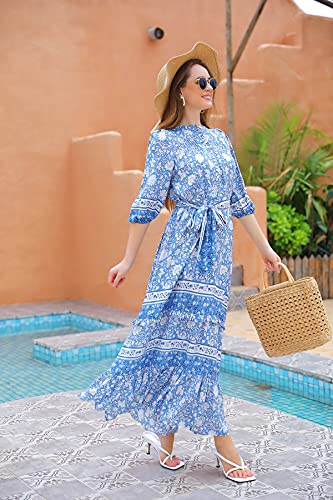 Women 3/4 Sleeves Front Buttons Floral Print Casual Bohemian Maxi Dresses4