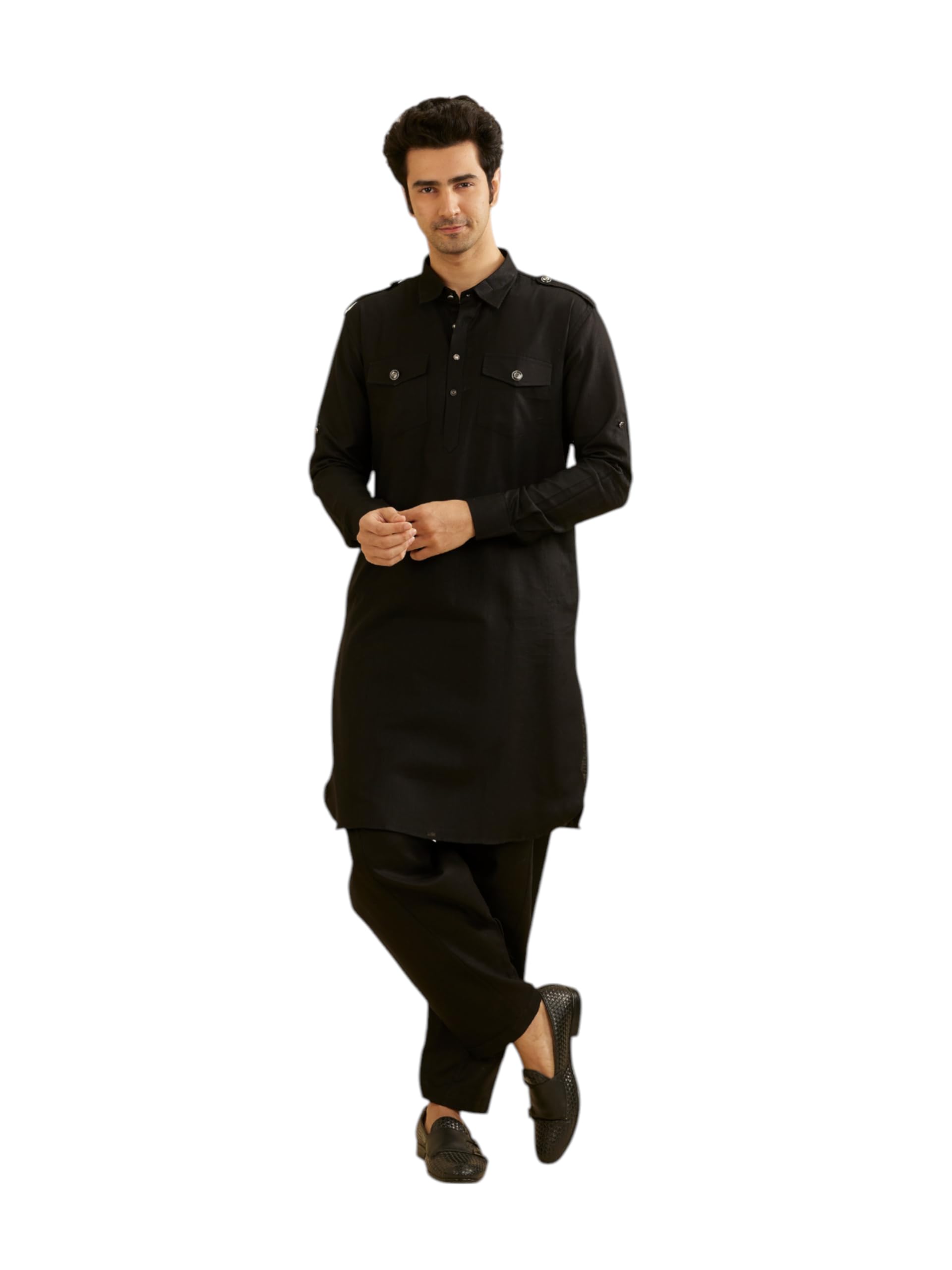 manyavar Men's Cotton Solid Pathani Kurta Salwar Set (2pcs)-picture-48