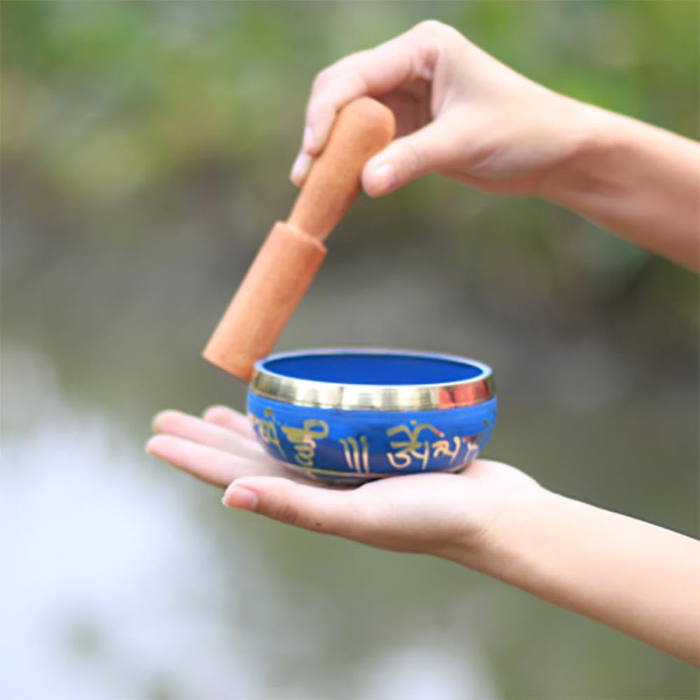 Set di campane tibetane fatte a mano, per meditazione con martello e cuscino, campana sonora buddista blu per relax e meditazione