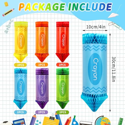 Image of 12 Pcs 100 Days of School Decorations, Colorful Crayon Pencil Honeycomb Classroom Ceiling Decorations for First Day of School Office Birthday Party Supplies Decor