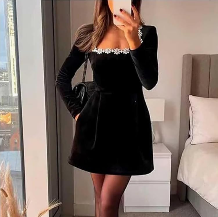 Long Sleeves Velvet Wedding Dresses for Brides 2026 Beaded Short Square Neck Corset Bridal Dress with Pockets MSW02 - Image 3