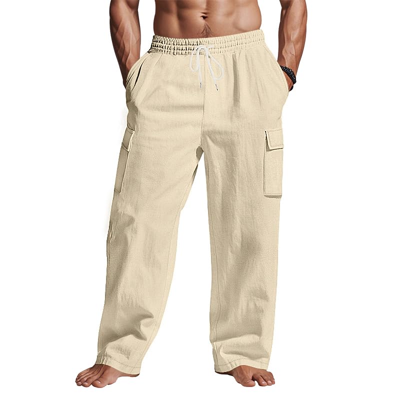 TRFIC Mens Casual Cargo Pants Summer Vacation Lightweight Drawstring Pants Elastic Waist Beach Yoga Trousers with Pockets Khaki