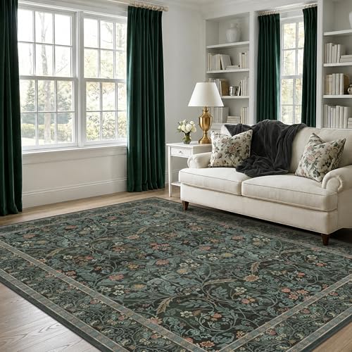 Dark Green Area Rug for Living Room, Floral Washable Rugs 5x7 for Bedroom, Dining Room, Classroom, Moody Home Office Décor, Low Pile Non Slip Mat Indoor, Forest Botanical Pattern Carpet