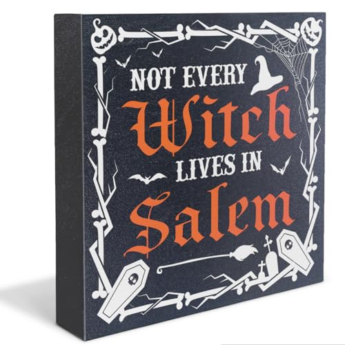 Funny Gothic Halloween Wood Box Sign Decor Not Every Witch Lives in Salem Black Block Sign Home...