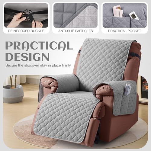 Image of KinCam 100% Waterproof Recliner Chair Cover, Reclining Couch Covers for Pets, Dogs, Recliner Couch Slipcover Furniture Protector with Elastic Straps for Kids(28 inch, Light Gray)