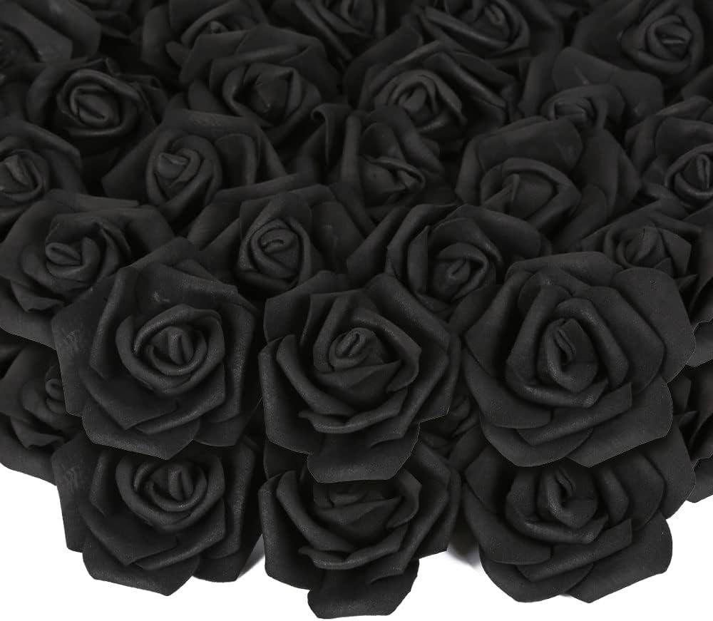 INSUNSIX 200pcs Black Artificial Foam Rose Flower Head, 3-Inch Fake Flower Heads Stemless Flowers for DIY Crafts,Wedding Bouquets Centerpieces Arrangements Party Baby Shower Home Decor (Black)