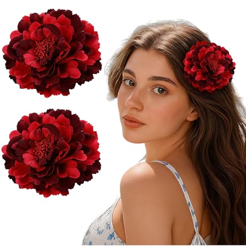 Pinzas Pelo Mujer- Clips de Pelo de Flor – 2 Piezas en Rojo (11cm) – Flores Grandes y Realistas para Vacaciones en la Playa, Fotos, Baile y Más – ¡Pin y Horquilla 2 en 1