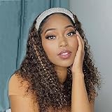 Rebasar Ombre Curly Headband Wigs Human Hair Clolored 18 Inch Highlight Deep Wave Headband Wigs for Black Women Human Hair Glueless No Lace Front Wigs Brazilian Virgin Hair Wear and Go Wigs 4/27