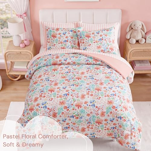 Image of Full Size Comforter Set for Girls Pink Floral Garden 7 Pieces Bed in a Bag