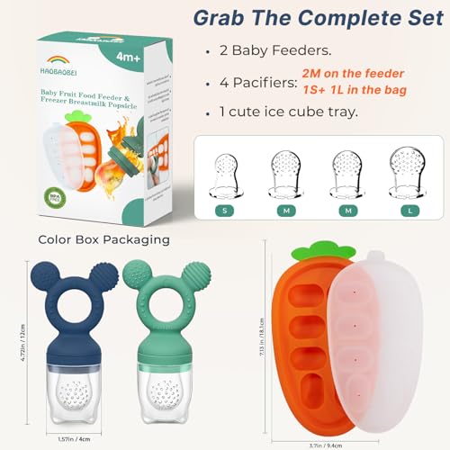 Image of Baby Fruit Feeder 2 Pack with Freezer Tray, 4 Silicone Pouches in 3 Sizes, Breastmilk Popsicle Mold, Food Feeder Pacifier and Silicone Teether for Teething Relief, 4+ Months