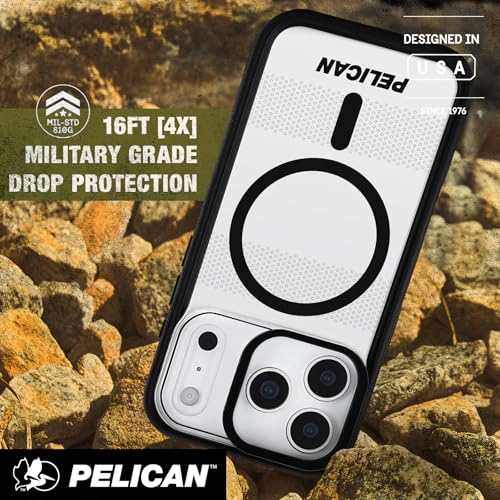 Image of Pelican Protector iPhone 17 Pro Max Case with Camera Stand - Clear | Compatible with MagSafe Rugged Phone Case w /16ft Military-Grade Drop Protection -Heavy Duty Phone Cover for iPhone 17 Pro Max