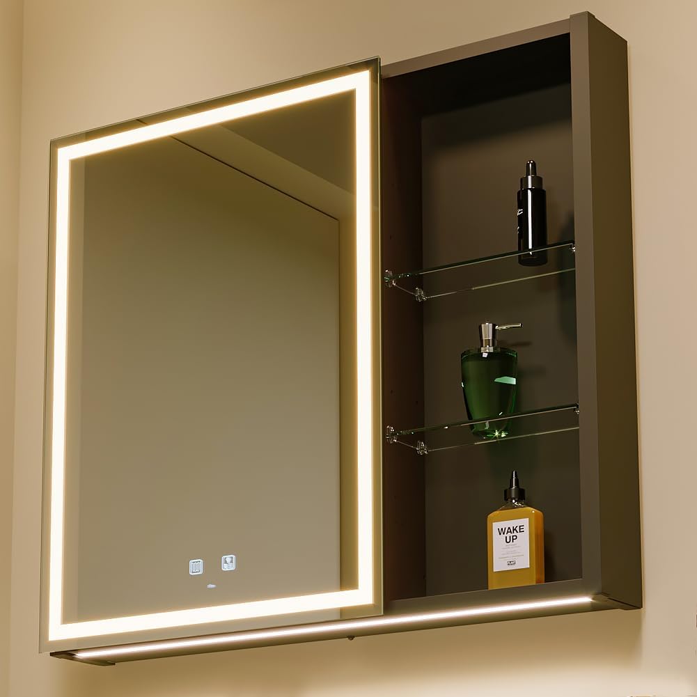 KWW LED Lighted Bathroom Medicine Cabinet with Sockets & USBs, Defogger, Dimmable, 3 Color Light Makeup Mirror, Easy to Install, Wall Mounted Cabinet (Left Hinge, 30 * 28)