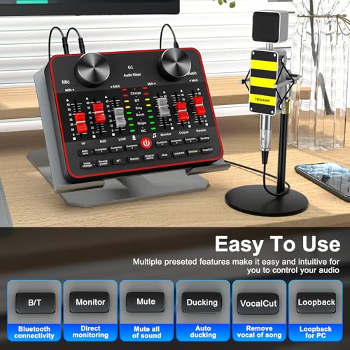 Image of neculogy Podcast Equipment Bundle, Audio Interface with Cardioid Designer BM800 Mic for Gamer and All-in-One DJ Mixer, Perfect for Live Streaming, Singing, YouTube, Gaming