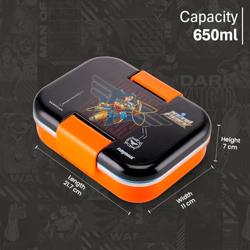 Image of Nayasa Marco Wonder Women Print 2 Compartment Stainless Steel Insulated Lunch Box for Kids | Vacuum Sealed Leak Proof Tiffin Box | 650 ml | Orange & Black