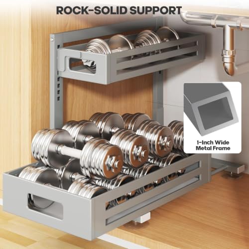 Image of 2 Pack 17IN-Depth Under Sink Organizer,Pull Out Cabinet Organizer With Smooth Cylindrical Rail,Metal Slide Out Drawer for Kitchen Bathroom Laundry,8-Level Tool Free Height Adjustable-Gun Gray