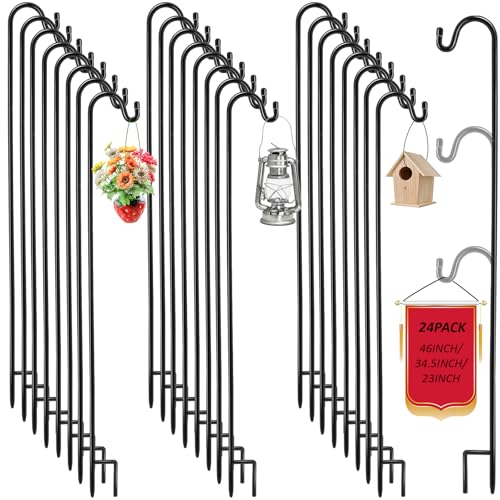 Hicarer 24 Pack 46 Inch Shepherds Hooks Outdoor Plant Hanger Metal Shepherd's Hook Black Garden Bird Feeder Pole for Hanging Solar Lanterns Flower Basket Jars Christmas Lights Wedding Decor