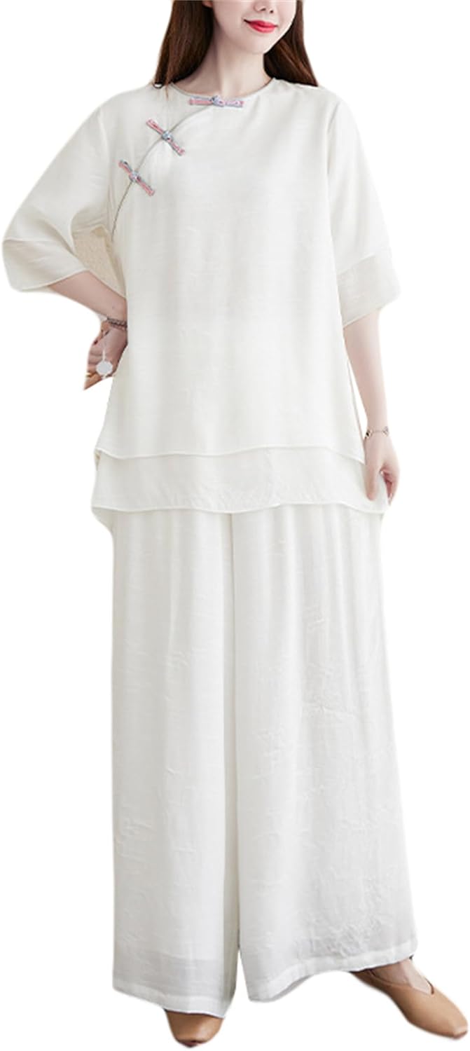 [ＹＵＮＨＥＮ] セットアップ レディース 上下セット シャツ ワイドパンツ 綿麻 ブラウス 半袖 ガウチョパンツ ゴムウエスト 大