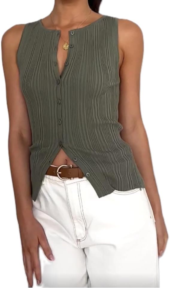 KMBANGI Women Button Down Knitted Vest Ribbed Tank Tops Button Up Open Front Knit Shirt Sleeveless Slim Fit Dressy Top - Image 5