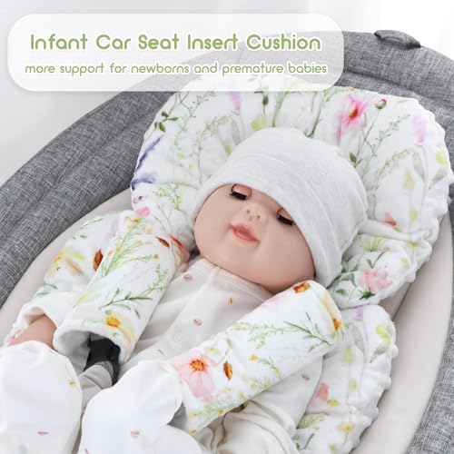Image of Infant Car Seat Insert, Car Seat Head Support Baby Girls Boys, Soft & Reversible Newborn Carseat Insert Cushion with 2 Strap Covers, for Stroller, Swing, Bouncer (White Wildflowers)