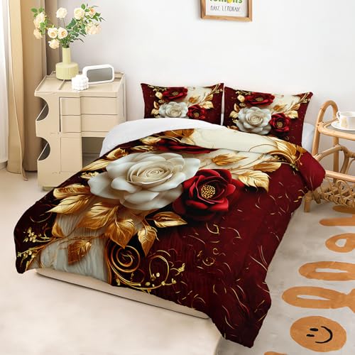 Image of AILONEN Rose Flower Comforter Queen Size with 2 Pillowcases,Luxury Red and White Bedding Set 3Pcs for All Season,Floral Romantic Theme Quilt Set for Home Decor