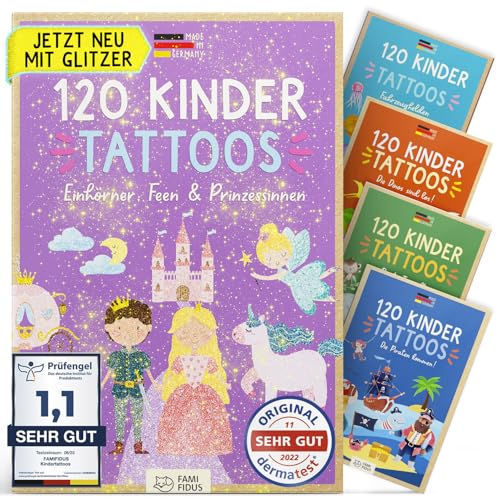 120 Glitzer Tattoos hautfreundlich I Zauberhaftes Geschenk für Mädchen und Jungen I Dermatologisch SEHR GUT I Glitzer Tattoo Made in Germany I Kindertattoos Glitzer I Geschenk 5 jährige Mädchen