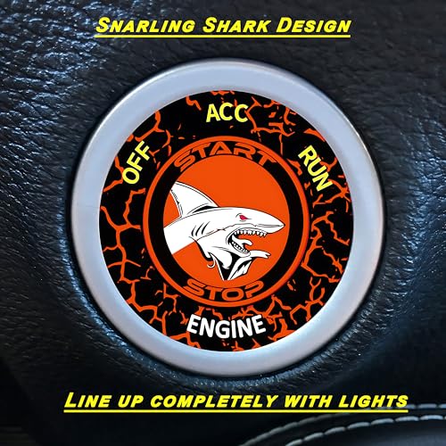 Image of TOOLEPIC Push Start Button Cover For Dodge Challenger Charger Durango Chrysler Journey Ram Accessories 2015-2024, Engine Start Stop Ignition Switch Kit -Angry Shark Design-Crazy Orange Custom Fit