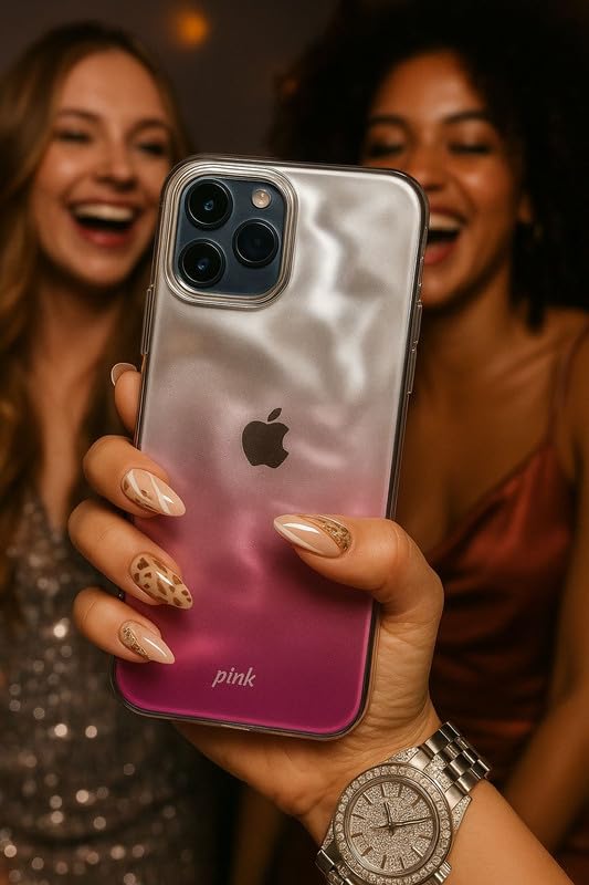 Image of COVERLY for iPhone 15 Pro Max Case Ombre Pink Silver - Shockproof Soft Silicone Back Cover | Slim Fit Glossy Gradient Design | Camera Protection | Stylish Designer Case for Women & Girls