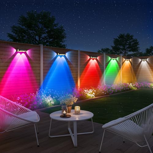 OUTON Solar Fence Lights Outdoor Garden, Warm White & RGB Changing IP65 Waterproof Solar Lights Outdoor, Dusk to Dawn Decking Lighting for Outside Backyard Deck Stair Patio Yard Step Wall, 6 Pack