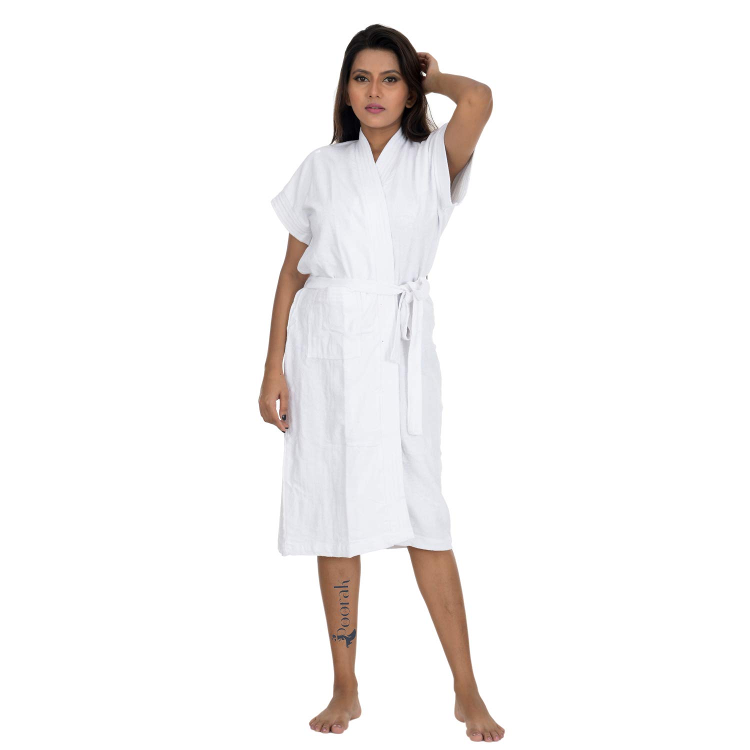Pugnaa Summer Catalog Solid White Color Half Sleeves Soft Terry Cotton Bathrobe for Women - Free Size Upto 42 Inches Bust Size