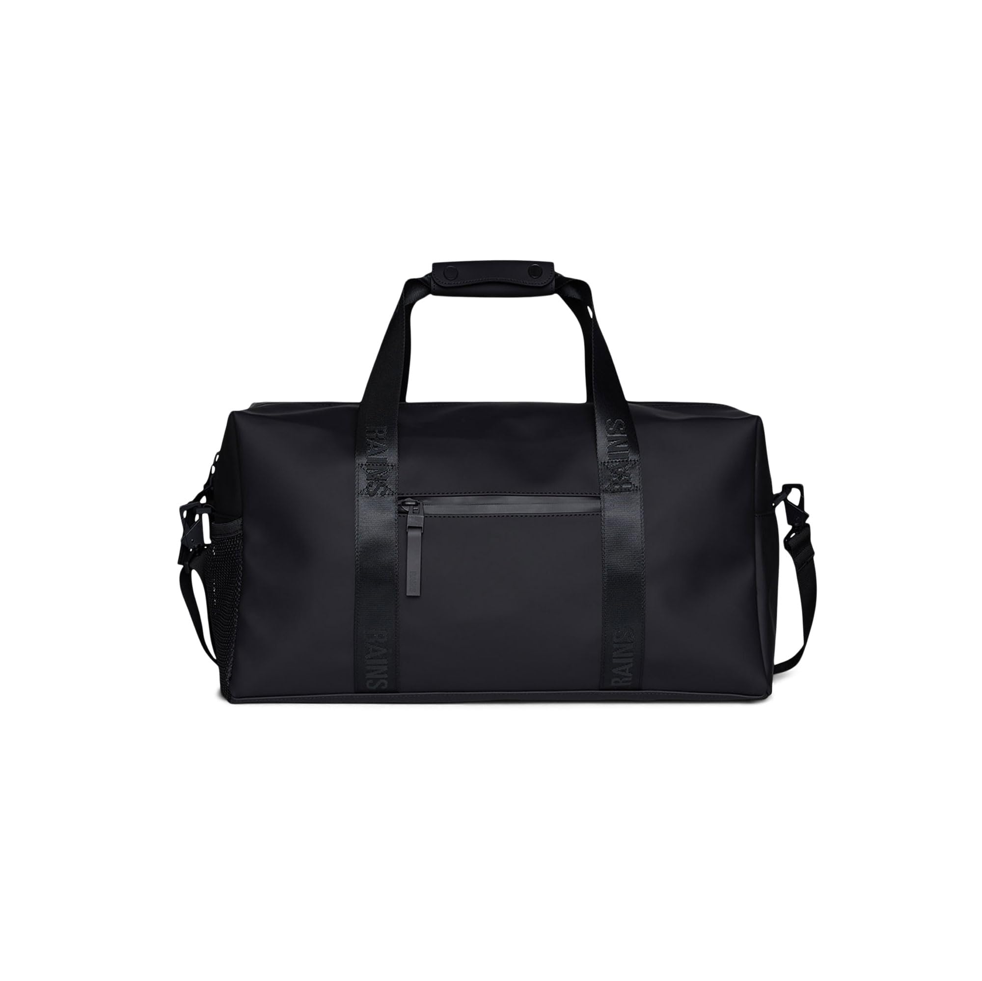 RAINS Trail Gym Bag - Black Waterproof Sports Duffel Bag for Men and Women with Shoulder Strap, Carry Handles and Mesh Pocket for Training or Travel -