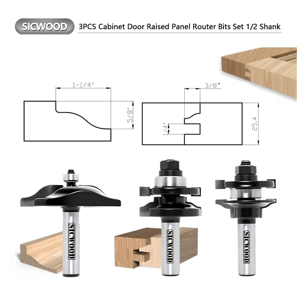 3PCS Cabinet Door Raised Panel Router Bits Set 1/2 Shank, Carbide Woodworking Tools, for Making Door & Window Frames, Tenon Joint Cutter Diameter: 1-5/20.3 cm