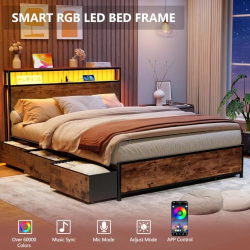 Image of Forestell Queen Bed Frame with 2-Tier Storage Headboard & 6 Drawers | Platform Bed with Heavy Duty Slat Support, Charging Station & LED, USB, Type-C & AC Ports, Noise-Free, No Box Spring, Brown
