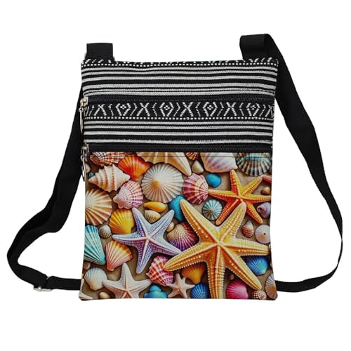 Shell Starfish Messenger Bag Small Ethnic Pattern Printed Adjustable Strap Crossbody Zipper Pouch Shell Starfish Phone Organizer Wallet Cute Shoulder Handbag for Women