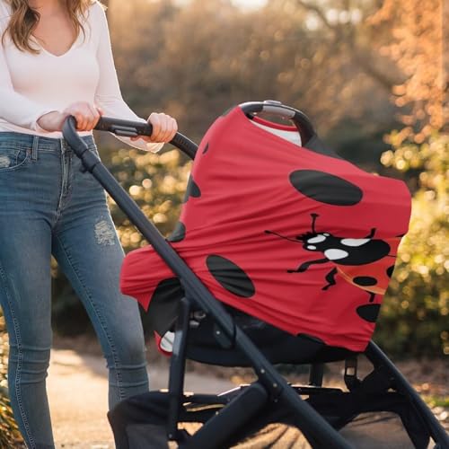 Image of Forchrinse Red Ladybug Polka Dot Print Baby Car Seat Cover Girls Boys Ladybug Breastfeeding Nursing Cover Soft Stretchy Multi Use Cover for Shopping Cart /High Chair /Stroller