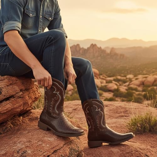 Image of IUV Cowboy Boots for Men Western Boots Square Toe Mid Calf Cowboy Boot