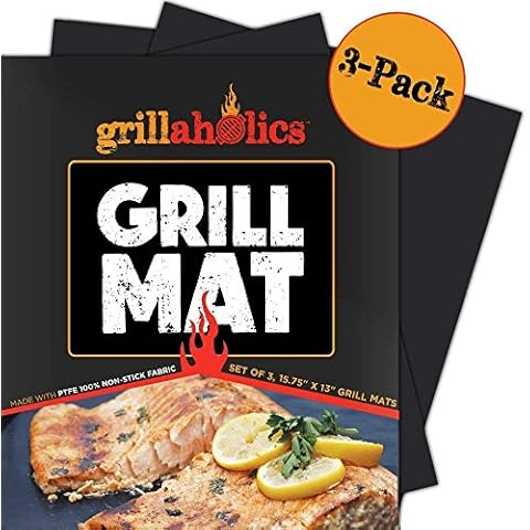 Grillaholics Grill Mat - Set of 3 Heavy Duty BBQ Grill Mats - Non Stick, Reusable and Dishwasher Safe Barbecue Grilling Accessories - Lifetime Manufacturers Warranty Cover
