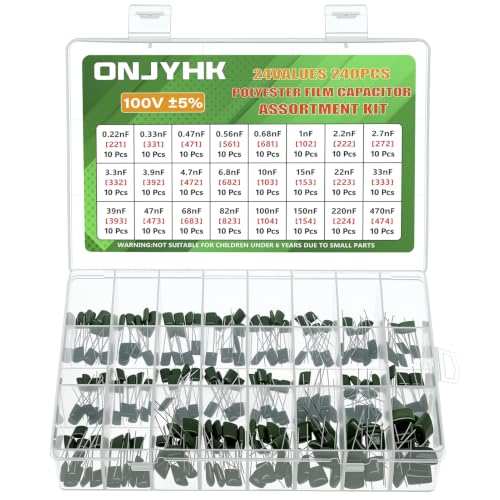 ONJYHK 24Werte Polyester Film Kondensator Set 100V 0,22nF bis 470nF Metallisierte Polyester Kondensatoren Folienkondensatoren Sortiment Kit