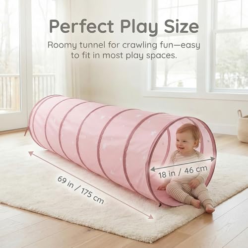 Image of Kids Play Tunnel for Toddlers, Pink Crawl Tunnel with Soft Peach Skin Fabric, 68.9 inch Long Foldable Indoor Play Tunnel for Girls, Playroom Bedroom Activity Toy