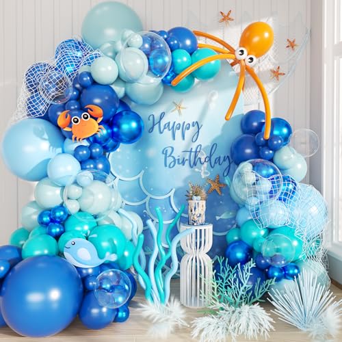 Under the Sea Balloon Arch Kit 130Pcs Dark Blue Metallic Blue Orange Long Balloons for Ocean Themed Under The Sea Baby Shower Birthday Party Decorations