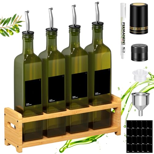 FNLLC Oliven Ölflasche mit Holzständern 500ml,4pcs Glasflaschen,Olivenöl spender mit Trichter,Essig und Ölflaschen set,Lebensmittelechtem Bleifreiem Glas mit Etikette
