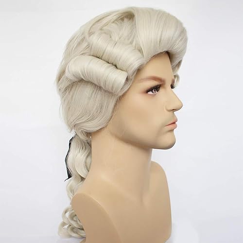 Miniatura 8 de Anogol Peluca de cabello y gorra color blanco rizada colonial para cosplay peluca sintética para hombres peluca de cosplay blanca peluca de