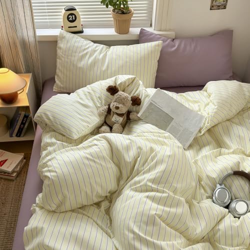 Image of EAVD Retro Striped Duvet Cover Set Queen Pastel Yellow&Lavender 3-Piece | Premium Washed Microfiber, Aesthetic Stripes Comforter Cover with Zipper Closure, 2 Pillowcases, Vintage Bedding, Corner Ties