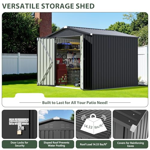 Image of JUMMICO 8x8 FT Outdoor Storage Shed, Tool Metal Sheds, Black | Lockable Door, Sloping Roof, Waterproof Utility Garden Shed for Backyard Patio Lawn, 7.5x7.5 FT