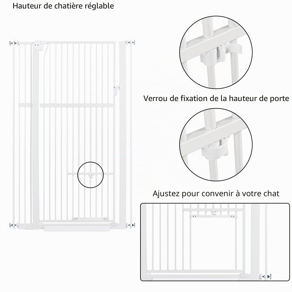 unipaws Barrière de sécurité Extra Haute 142 cm avec chatière, pour Chien et Chat, Largeur 79–95 cm, Fixation par Pression sans perçage, pour escalier ou Porte, Fermeture Automatique, Blanc