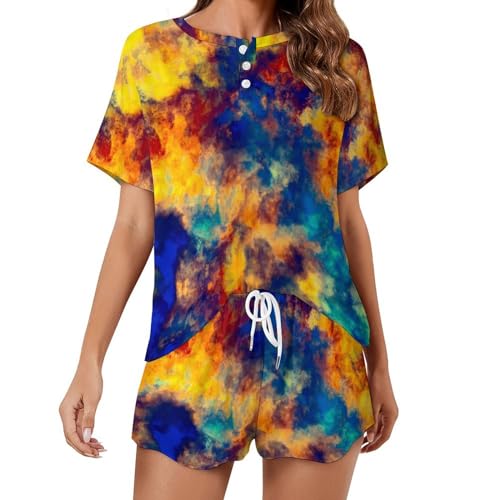 Vêtements de nuit ete sleepwear pyjama femme court ensemble jaune aquarelle