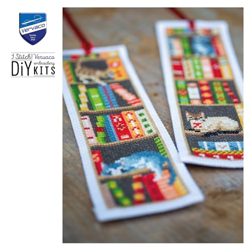 Image of Vervaco Bookmark Counted Cross Stitch kit Cats in Bookshelf Set of 3, 6x20cm, DIY